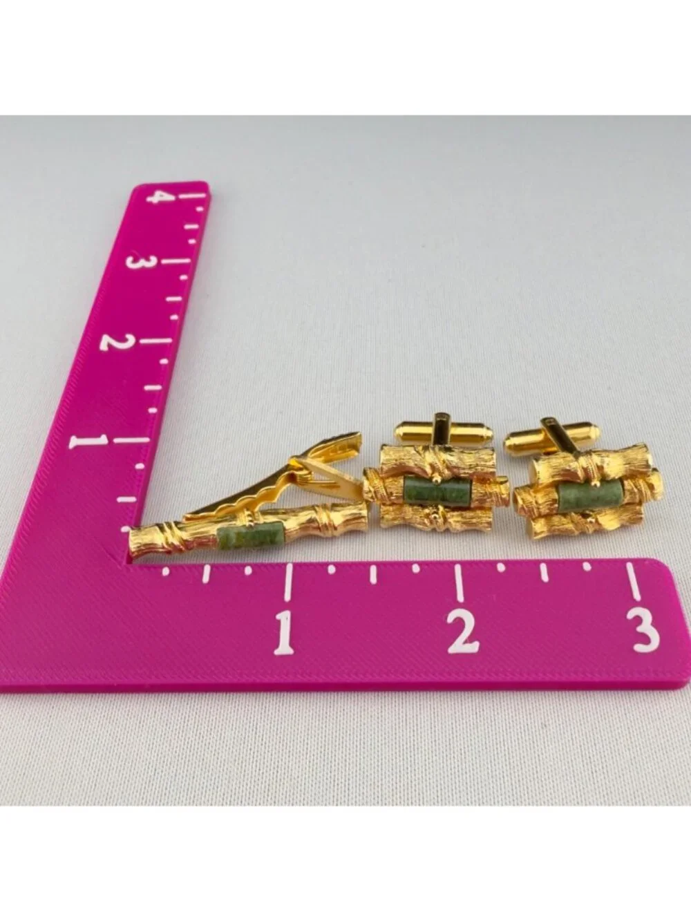 Vintage Gold Tone Green Jade Bamboo Cuff Links Tie Clip Set Wedding Mid Century